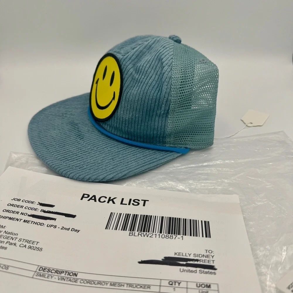 Aviator Nation Blue Corduroy Trucker Hat with Yellow Smiley Patch